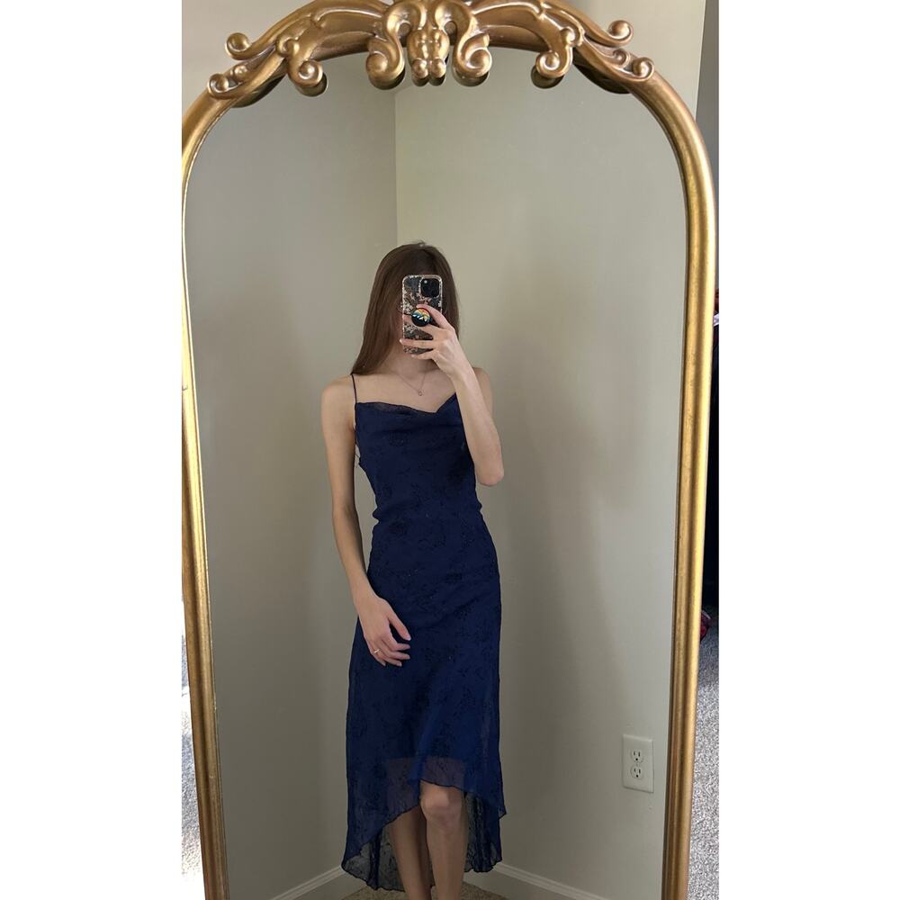 Vintage Y2K 90s California Concepts Blue Black Floral Glitter Flowy Dress